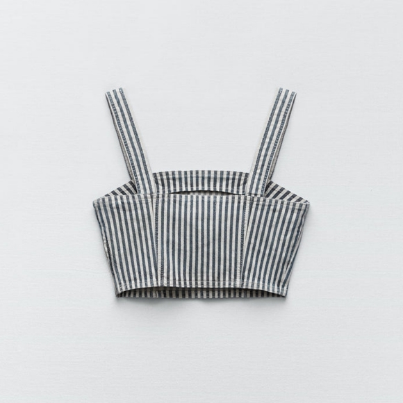 ZARA Thick Strap Striped Denim Crop Top - Picture 6 of 8